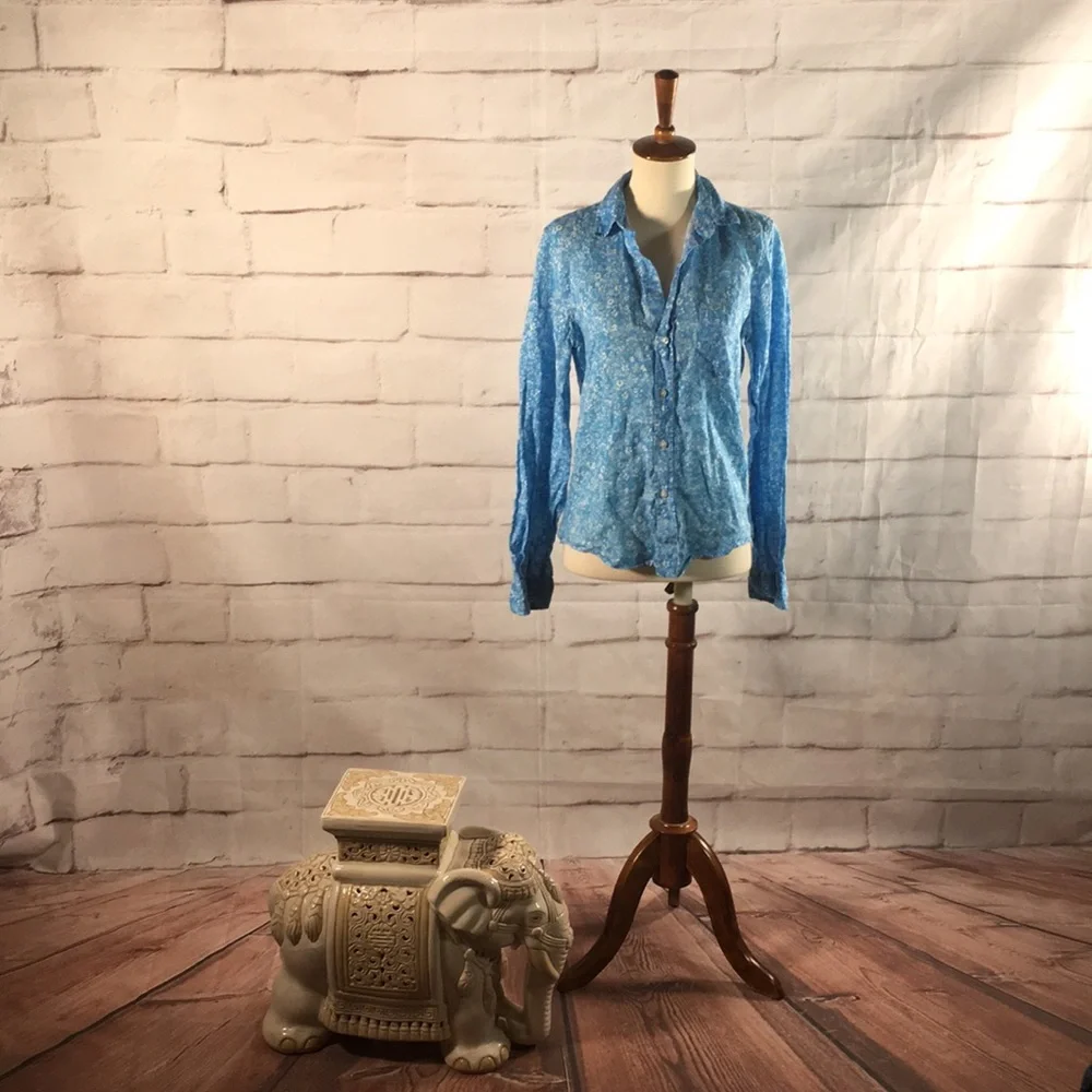Frank & Eileen Barry Linen Blue Floral Shirt - Picture 1 of 9